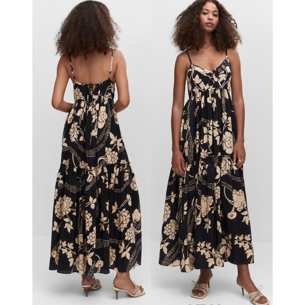 🔥Mango Floral Print Sleeveless Flare Maxi Dress Boho Tropical Resort Romantic 8